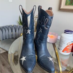 Navy Blue Western Ankle Boots with Silver Star Accents